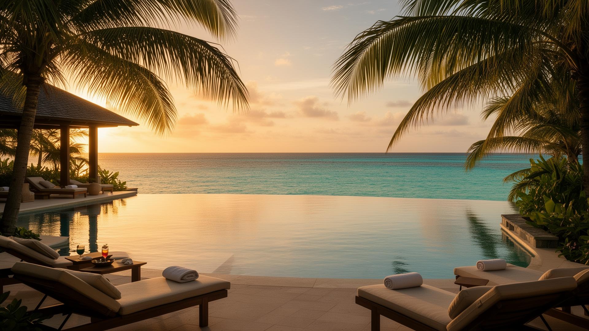 Caribbean luxury resort infinity pool at golden hour